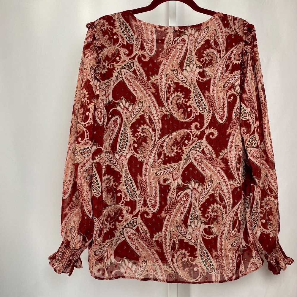 Rose & Olive Womenʻs Burgundy | Gold Paisley Print Long Sleeve V-Neck Blouse L - Picture 9 of 11